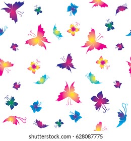 Seamless vector pattern with funny drawings for children. Vivid butterfly on white background. Pattern for baby fabric, clothing and accessories.