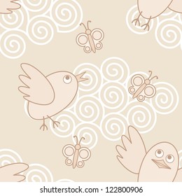 seamless vector pattern with funny flying birds and butterflies