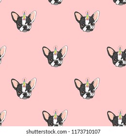 seamless vector pattern with funny french bulldog with unicorn horn