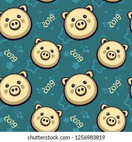 Seamless vector pattern with funny golden pigs. Template for holiday decoration, wrapping paper, fabric. Horoscope symbol 2019.