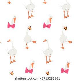 Nahtloses Vektormuster mit lustigen Gänsefiguren, die Schleifen auf weißem Hintergrund tragen. Süße Gänse in verspielten Posen. Perfekt zum Verpacken von Papier, Textilien, Kinderartikeln, Schreibwaren