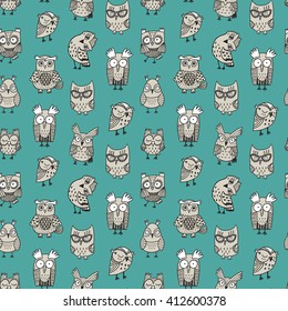 Seamless vector pattern with funny hand drawn doodle owls.