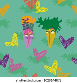 Seamless Vector Pattern. Funny illustrations on the theme of love with the hearts. Series "Different".