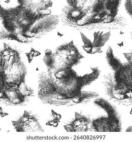 Seamless vector pattern with funny kittens playing. Vintage ink drawn style illustration.