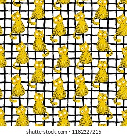 Seamless vector pattern with funny leopard cat on a geometric background, fashion trendy print, t shirt, surface design 