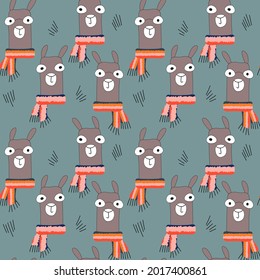 Seamless vector pattern of funny llamas in striped scarves on a bright colored background for various childish designs
