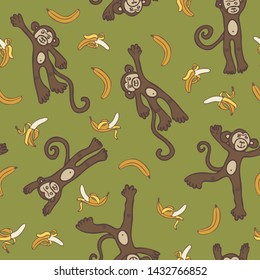 Seamless vector pattern with funny monkeys and bananas on green background. Cute animal wallpaper design for children.