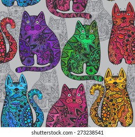 Seamless vector pattern with funny ornamental cats
