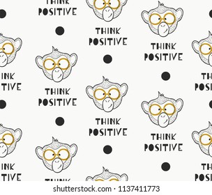 Seamless vector pattern with funny outline monkeys and phrase - Think positive.