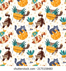 Seamless vector pattern with funny playful cats. Colorful texture for prints, fabrics, backgrounds and children industries. Cat day. Flat hand drawn cartoon vector illustration