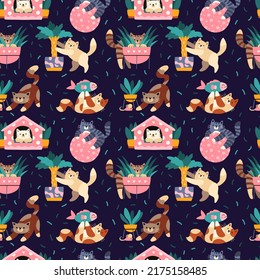 Seamless vector pattern with funny playful cats. Colorful texture for prints, fabrics, backgrounds and children industries. Cat day. Flat hand drawn cartoon vector illustration