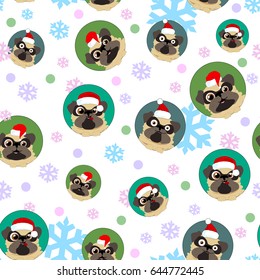 Seamless vector pattern with a funny pugs in Christmas hat. 2018 Chinese New Year of the dog. Christmas greeting card
