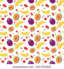 Seamless vector pattern of funny ripe fruit banana, cherry, plum stars in cartoon style on white background. Stylish fashion design for kitchen, wallpaper, scrapbooking. Kids fabric. 