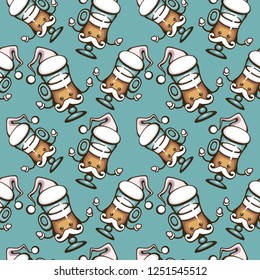 Seamless vector pattern with Funny Santa latte cup. Cute cartoon character illustration. Christmas greeting card design element. Template for fabric, wrapping, dessert menu and holiday decoration.