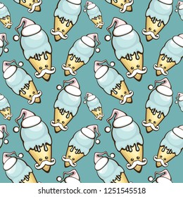 Seamless vector pattern with Funny Santa Ice cream cone.Tasty  dessert. Cute cartoon character illustration.  Template for fabric, wrapping, dessert menu and holiday decoration.