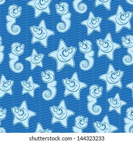 Seamless vector pattern of funny sea animals on blue background.
