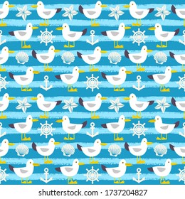Seamless vector pattern with funny seagulls, starfishes, sea shells and stripes. Marine background.