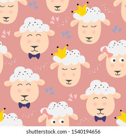 Seamless vector pattern with funny sheeps portraits. Children illustration for textile, print, apparel, wallpaper