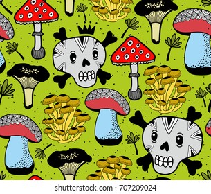 Seamless vector pattern with funny skulls and summer mushrooms in forest. Endless wallpaper in retro style.