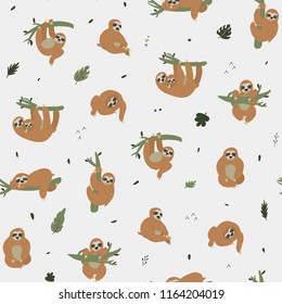 Seamless vector pattern with funny sloths 