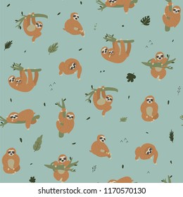Seamless vector pattern with funny sloths 