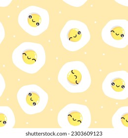 Seamless vector pattern. Funny smiling fried eggs. Food with faces. 