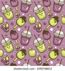 Seamless vector pattern with funny smoothies, popsicle, apples and blueberries. Cute textile print. Template for wrapping, menu decoration and fabric.