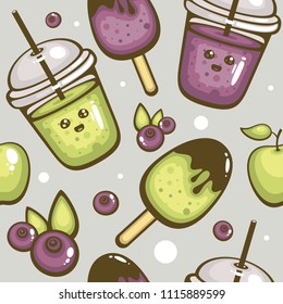 Seamless vector pattern with funny smoothies, popsicle, apples and blueberries. Funny textile print. Template for wrapping, menu decoration and fabric.