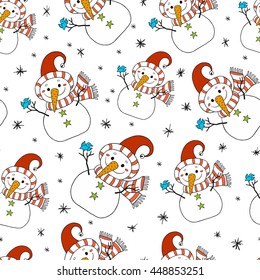 Seamless vector pattern with funny snowman. New year and christmas design.