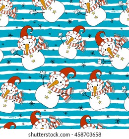Seamless vector pattern with funny snowman. New year and christmas design.