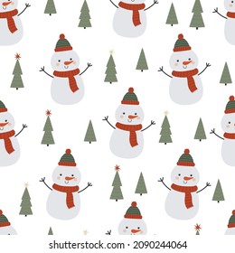 Seamless vector pattern with funny snowmen and Christmas trees. Winter seamless background in flat cartoon style.