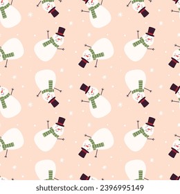 Seamless vector pattern with funny snowmen and snowflakes.