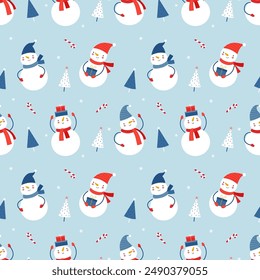 Seamless vector pattern with funny snowmen and Christmas trees. Winter seamless background in flat cartoon style.