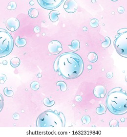 Seamless vector pattern with funny soap bubbles on a pink watercolor background. Children's backgrounds.