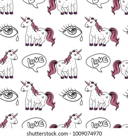 Seamless vector pattern with funny unicorn. Sketch style.