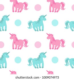 Seamless vector pattern with funny unicorn. Pink and blue. Pastel colors.