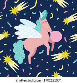 Seamless vector pattern with funny unicorn character, stars, bubble and confetti on dark background. Perfect for textile, wallpaper, print and nursery design.