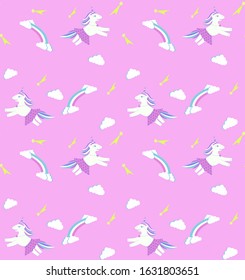 Seamless vector pattern with funny unicorns: dancing and jumping unicorns. Pink background with small elements: rainbow, stars, clouds. Perfect for children's products.