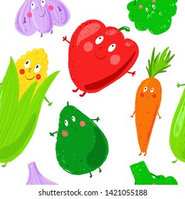 Seamless vector pattern. Funny vegetables for kids. Smiling faces foods characters. Hand drawn kids illustration. Food background. Pencil hatching texture. Colorful childish drawing.