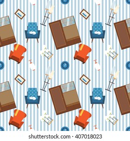 Seamless vector pattern of furniture and elements of 70's.