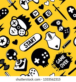 Seamless Vector Pattern With Game Elements. Funny Video Games Texture With Joystick Controller And Computer Mouse.
