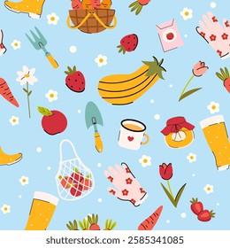 Seamless vector pattern with garden elements illustrations. Spring and summer background. Gardening and farming texture. Wallpaper, wrapping paper, textile design