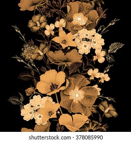 Seamless vector pattern of garden flowers in style of Chinese lacquer miniature. Gold color plants on black background. Vintage. Design in oriental style. Roses, bluebells, daisies.