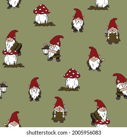 Seamless vector pattern with garden gnomes on green background. Simple hand drawn elf wallpaper design. Decorative fashion textile.