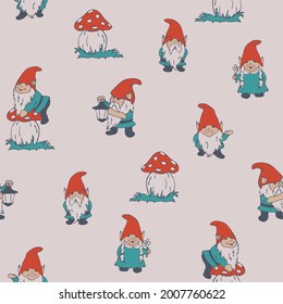 Seamless vector pattern with garden gnomes on light grey background. Simple summer elf wallpaper design. Decorative season fashion textile.