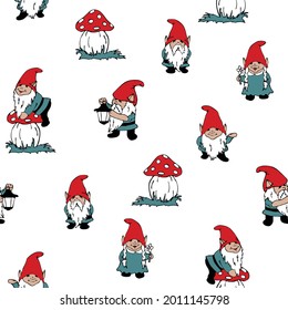 Seamless vector pattern with garden gnomes on white background. Simple hand drawn elf wallpaper design. Decorative repeat fashion textile.
