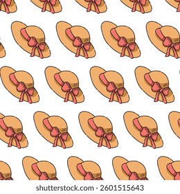 Seamless vector pattern with a garden hat. A vivid picture for fabric, wallpaper, and clothes. A repeating element on a white background. Spring fashionable harvest planting.