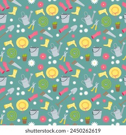 Seamless vector pattern with garden tools pattern, bucket, shovel, pot with plant, watering hose, саn, straw hat, gloves, trimmer and daisies.
