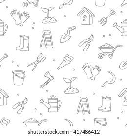 Seamless vector pattern of garden tools on a white background. Wrapping paper.