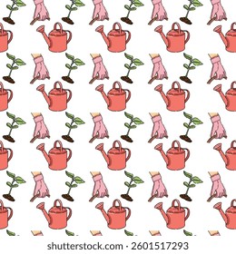 Seamless vector pattern with a garden watering can. Garden red tools. A vivid picture for fabric, wallpaper, clothes. A repeating element on a white background. Spring planting of crops.